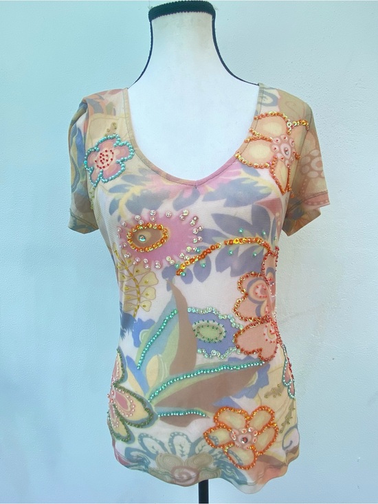 Tops - Y2K Orange Multicolor Beaded Floral Mesh Top Size Large